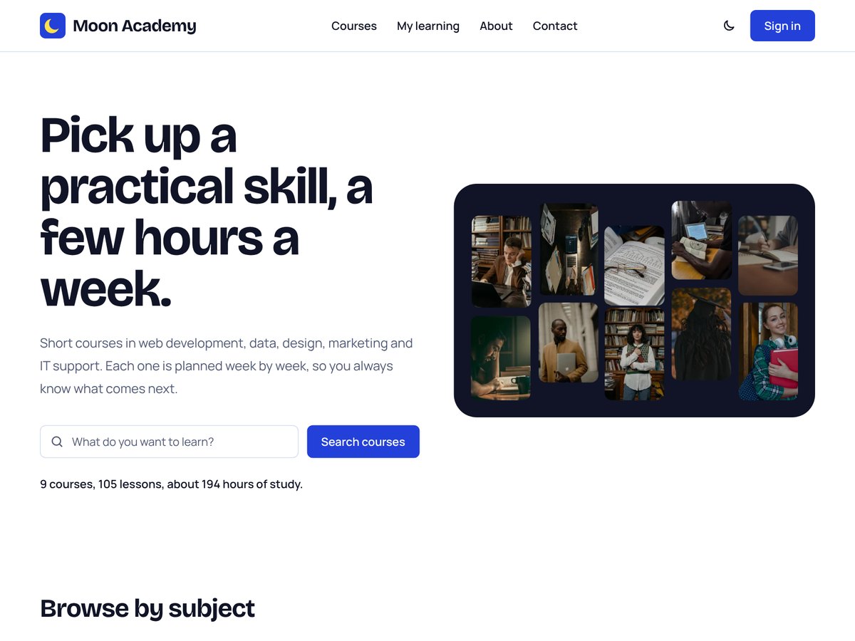 Screenshot of Moon Academy, an Online Course Platform